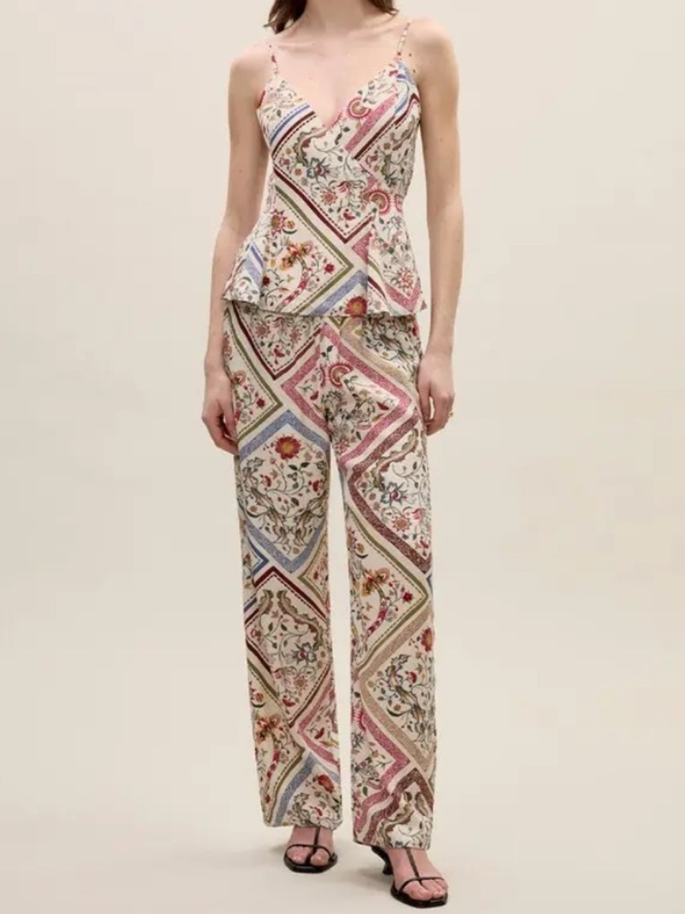Rebecca Taylor Sz L Set Irie Silky Wrap Top & Wide Leg Pants Floral Summer Boho.